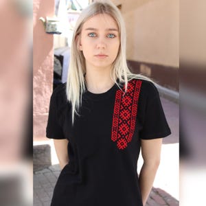 slavic embroidery t-shirt – red folk pattern unisex tee – faux embroidered shirt – Belarusian heritage cotton top