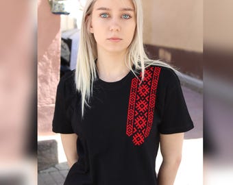 slavic embroidery t-shirt – red folk pattern unisex tee – faux embroidered shirt – Belarusian heritage cotton top