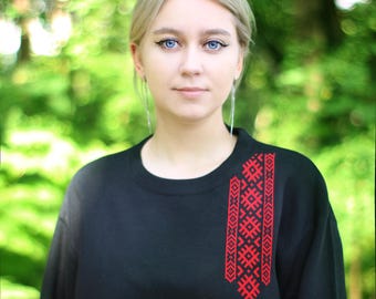 Handcrafted Unisex Pullover featuring Red Folk Ornament | Cozy Ethnic Sweater