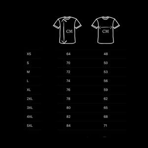 May include: A black graphic showing t-shirt size measurements in centimeters. The chart lists sizes from XS to 5XL, with corresponding measurements for length and width. The image is designed to help customers select the correct t-shirt size.