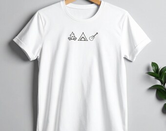 White Camping T-Shirt with Campfire Tent and Guitar Icons | Minimalist Outdoor Adventure Tee | Gift for Hikers and Music Lovers