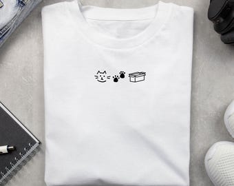 White Cat T-Shirt with Minimalist Cat Paw and Box Icons | Funny Cat Lover Tee | Unisex Gift for Pet Owners and Cat Moms