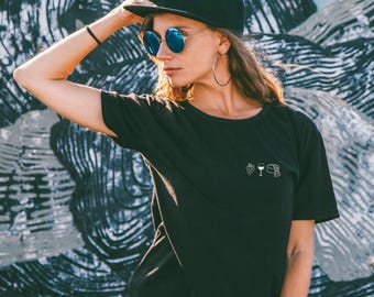 Black T-Shirt with Wine Glass Cheese and Grapes Icons | Minimalist Foodie Tee | Gift for Wine Lovers Men Women