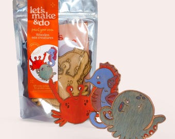 Wooden Sea Creatures Painting Kit: Kids DIY Craft with Video
