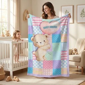 Teddy Bear Balloon Velveteen Plush Blanket | Pastel Patchwork Baby Throw
