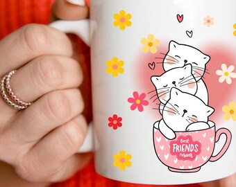 Cat Best Friends Ceramic Mug, 11oz, 15oz - Flower Design, Cat Lover Gift, Best Friend Forever, Friendship Mug, Cat Theme Coffee Cup