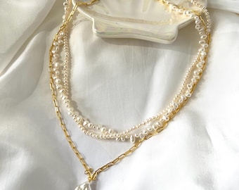 Layered Baroque Freshwater Pearl Necklace | 18K Gold Plated Brass Chain, Bridal Jewelry