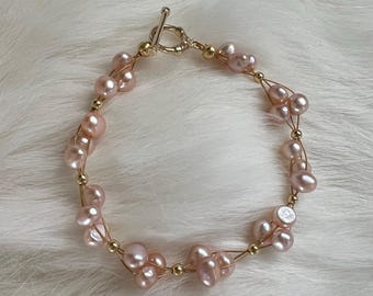 Barock Rosa Pfirsich Süßwasser Perlen Armband