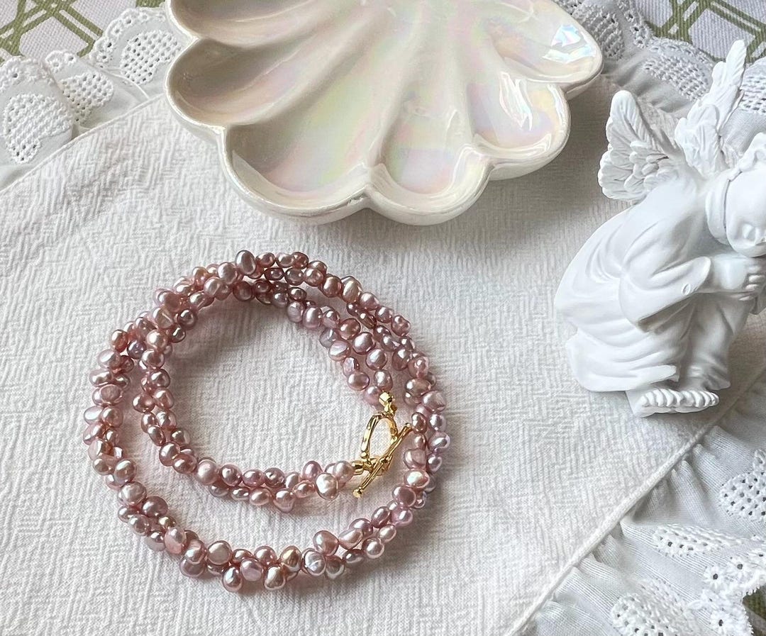 Pink Baroque Pearl Necklace: Double Strand, 18K Gold Plated Clasp ...