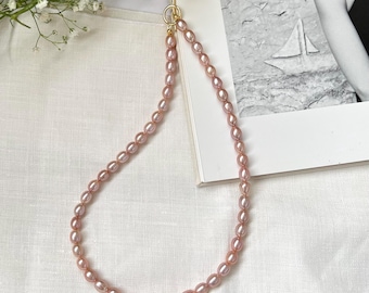 Pink Lavender Rice Pearl Necklace – 7–8mm Freshwater Pearls, 18K Gold Plated Clasp