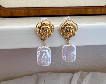 Gold Rose Earrings: Baroque Pearl Drop, Floral Wedding Jewelry