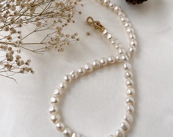 Freshwater Baroque Pearl Necklace, 9-10mm Organic White Pearls, Infinity Clasp (Gold or Platinum Plated)