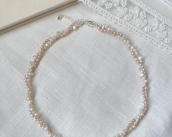 Double Strand Pearl Choker • Blush Rice & Baroque Freshwater Pearls • Romantic Minimalist Jewelry