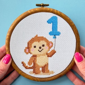 First Birthday Cross Stitch Pattern PDF | Small Card Design with Monkey
