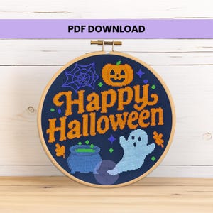 ハッピーハロウィン クロスステッチパターン：ゴースト、カボチャ、大釜（PDF ダウンロード）