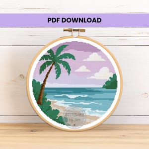 Tropical Beach Cross Stitch Pattern –  Ocean Scene with Lavender Sky – Palm Tree Coastal Design – Beginner Friendly PDF