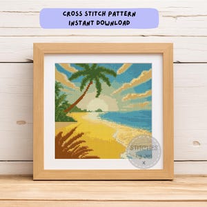 Tropical Beach Cross Stitch Pattern | Palm Tree Ocean Design | Modern Coastal Embroidery | Instant Download PDF