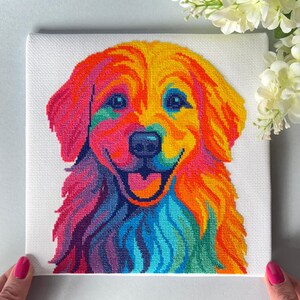 Padrão de Ponto Cruz de Golden Retriever em PDF | Desenho de Cachorro Arco-Íris Colorido
