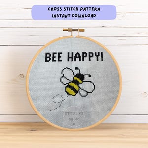 Bee Cross Stitch Pattern PDF – Bee Happy Design – Cheerful Bumble Bee – Easy Modern Embroidery – Instant Download Chart