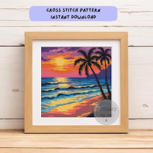 Dreamy Beach Cross Stitch Pattern | Vibrant Seascape Embroidery | Summer Embroidery Chart | Instant Download