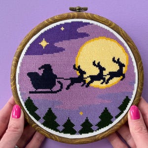 Weihnachtsmannschlitten-Kreuzstichmuster (PDF), Weihnachtsnachthimmel-Kreuzstich, Rentier-Silhouette, Sofort-Download