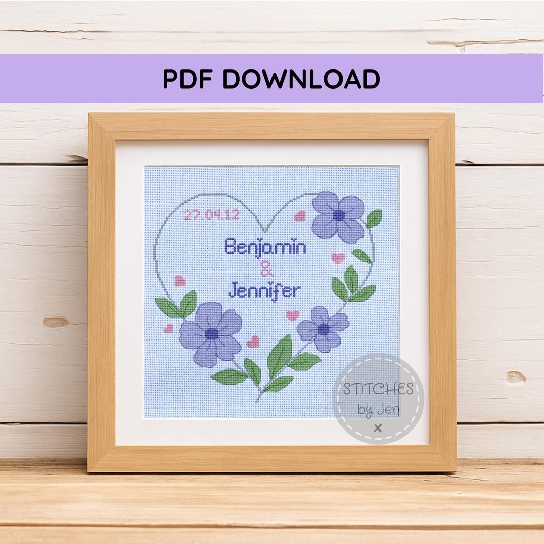 Wedding Cross Stitch Pattern Customise With Names and Date Floral