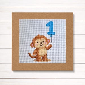 First Birthday Cross Stitch Pattern PDF | Small Card Design with Monkey