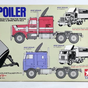 Könnte beinhalten: Schachtelkunst für einen 1:14 R/C-Sattelzug-Spoiler-Bausatz. Die Schachtel zeigt Illustrationen von roten und blauen Sattelzugmaschinen mit Anhängern und eine separate Spoilerkomponente. Text enthält "SPOILER" und "TAMIYA".
