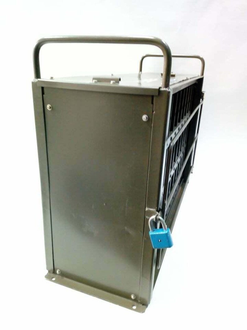 Peut inclure: Cage m&eacute;tallique vert olive avec une poign&eacute;e sur le dessus. La cage est rectangulaire, avec des barreaux verticaux d'un c&ocirc;t&eacute; et un panneau plein de l'autre. Un cadenas bleu s&eacute;curise la porte de la cage.