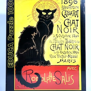 May include: A 1000-piece Educa puzzle featuring a vintage poster design for the Cabaret du Chat Noir. The poster showcases a black cat silhouette against a yellow background, with red and black text. The puzzle is part of the Art Collection.