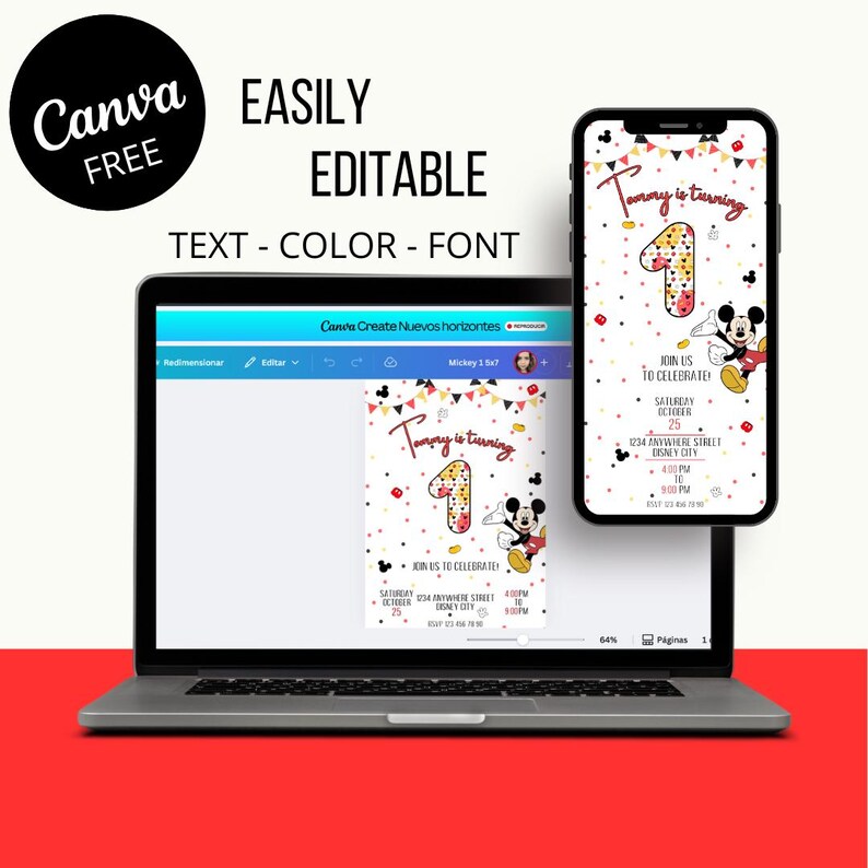Editable Mickey Mouse 1st Birthday Invitation. Editable Canva Template ...