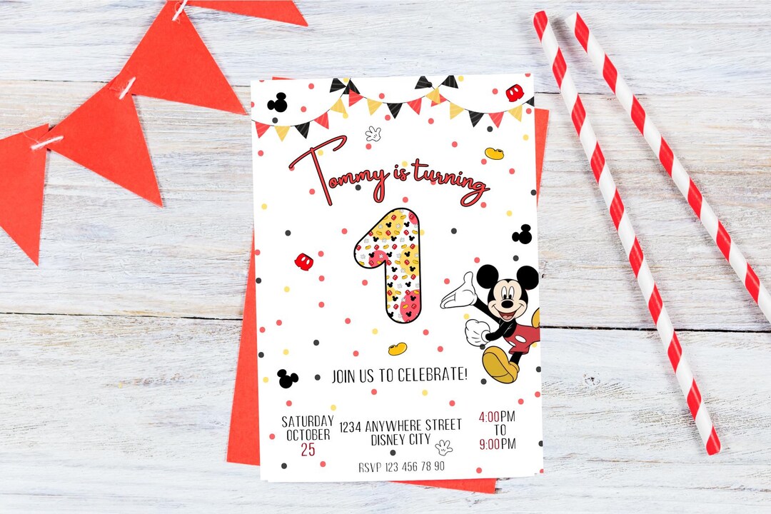 Editable Mickey Mouse 1st Birthday Invitation. Editable Canva Template ...