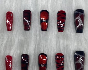 Press-On Nail Crimson Chaos Set Fierce Red & Black with Glitter Zebra Print Rhinestones