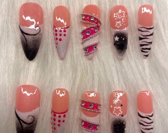 Press On Nails Wild Pink Luxe Hot Pink & Black Edgy Chain, Zebra Print, 2000s, Party Nails