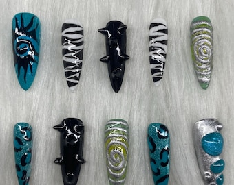 Press On Nails Eletric Jungle Nails Teal Leopard, Zebra Print, Silver Swirl & 3D Spikes