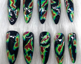 Press On Nails Thermal Noir Glossy Black, Abstract Heat Map
