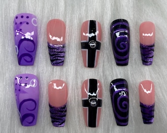 Press On Nails Lilac Vortex Swirl, Cross & Zebra Prints, Glitter