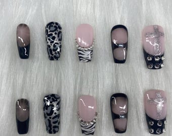 Press On Nails Midnight Safari Chic Zebra & Cheetah Print