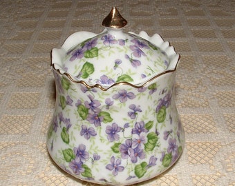 Vintage LEFTON Purple Violets Chintz Jam, Jelly Jar with Lid