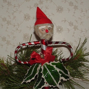 Unusual Vintage Santa Candy Cane Decoration - Spun Cotton, Laquered Holly Leaves