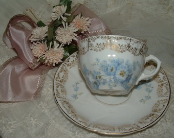 Vintage 1800's German Porcelain Cup & Saucer - Blue Flowers