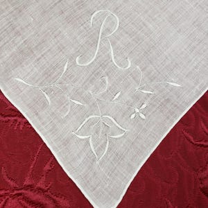 Vintage White Linen Wedding Handkerchief, Hanky, Hankie - White Embroidered &quot;R&quot; Monogram