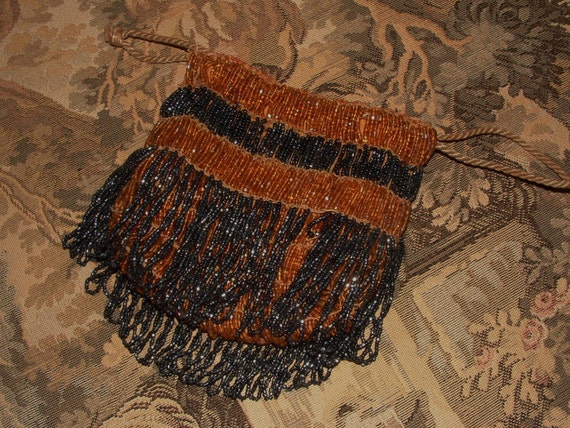 Vintage Glass Beaded Purse with Fringe - Honey Sp… - image 1