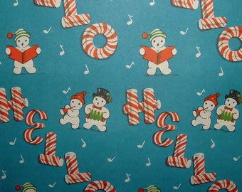 Full Sheet - Little Snowmen, Candy Canes - 1950's Christmas Gift Wrapping Paper