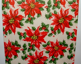 Full Sheet - Poinsettias & Holly - 1950's Christmas Gift Wrapping Paper