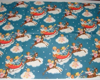 Full Sheet - Angels, Reindeer, Sleigh - 1950's Christmas Gift Wrapping Paper