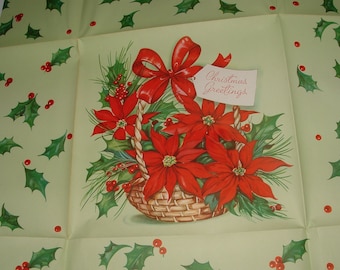 Full Sheet - Basket of Poinsettias, Holly - 1950's Christmas Gift Wrapping Paper