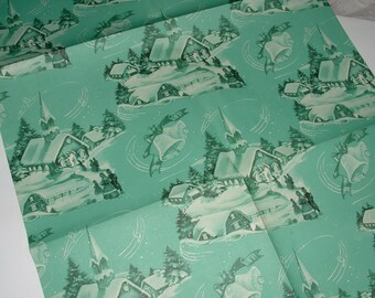 Full Sheet - Church, People, Turquoise - 1950's Christmas Gift Wrapping Paper