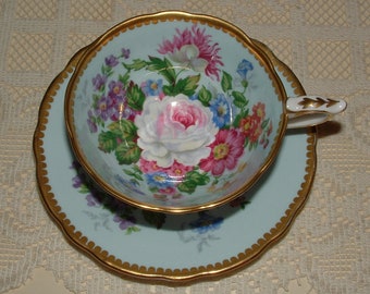 RARE - Royal Stafford CELEBRITY Blue Teacup & Saucer - Cabbage Rose Bouquet