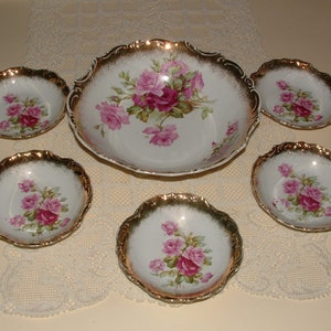 Set of 6 - Vintage German Berry Bowl, Serving Bowl - Roses, Gold Edges - Germany